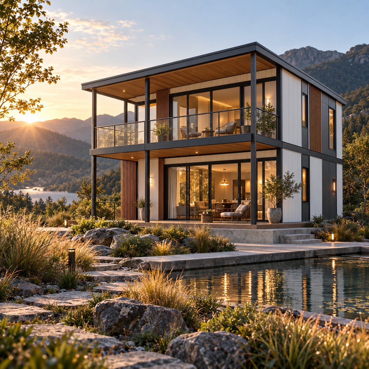 Modern Two-Storey Modular Integrated Villa Modern two-storey modular integrated villa with a steel frame, large windows and a landscaped mountain setting