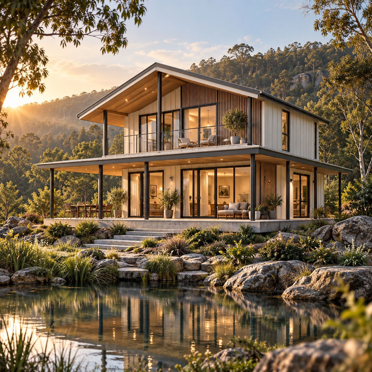 Two-Storey Modular Villa with Gable Roof Two-storey modular integrated villa with a gable roof, steel structure, glass facade and natural forest surroundings