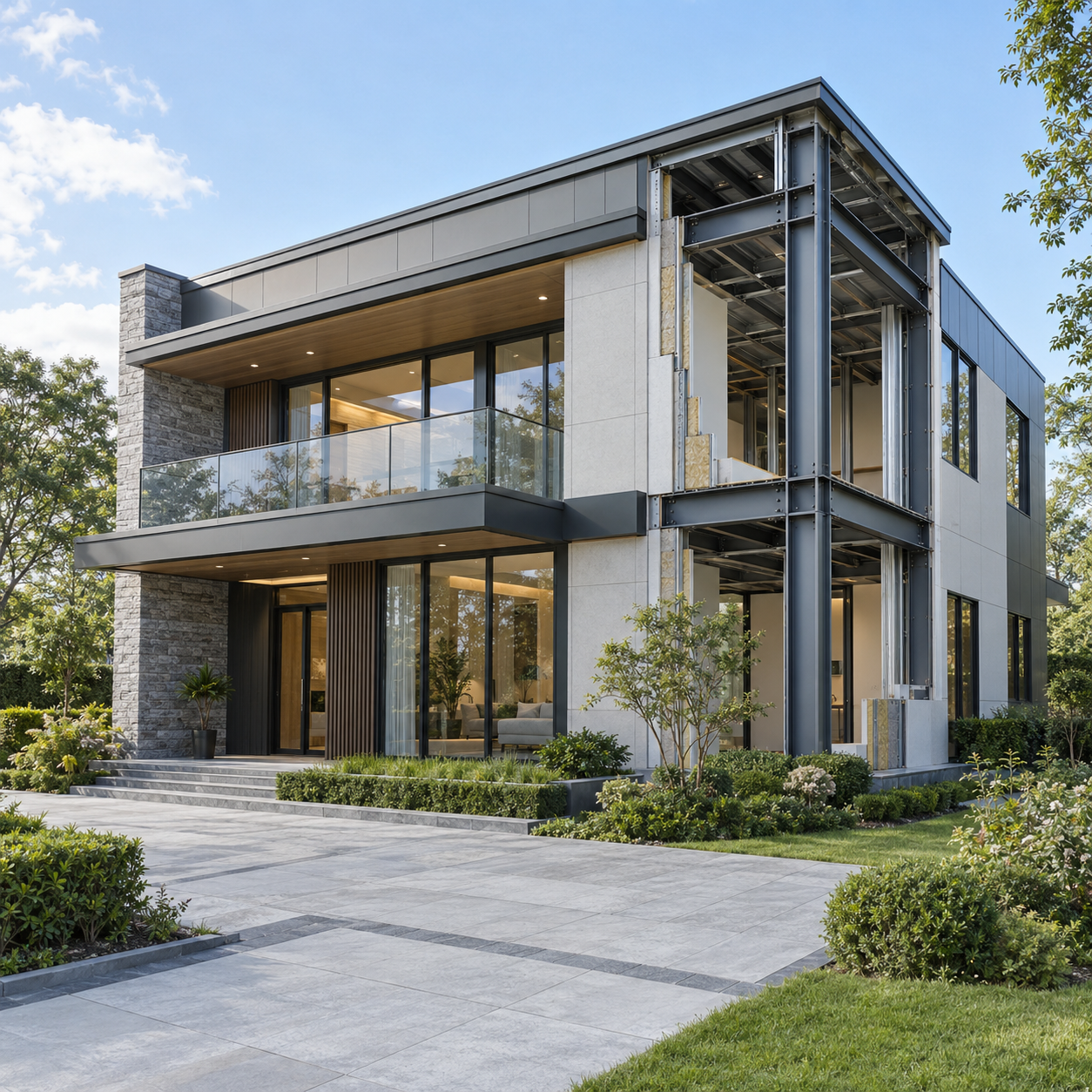 Heavy Steel Residential House Modern two-story heavy steel residential house with exposed structural steel frame