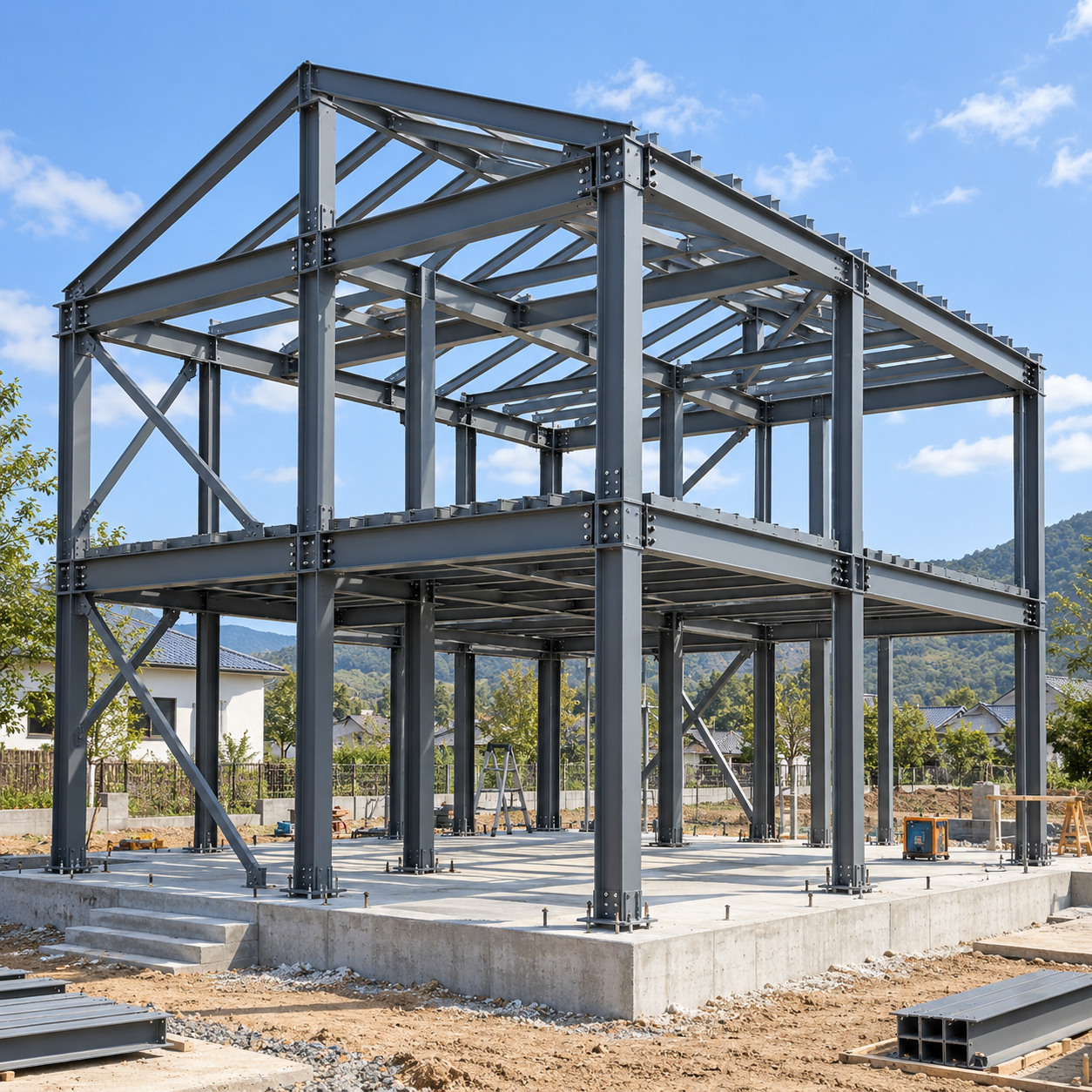 two-story-heavy-steel-house-frame Two-story heavy steel house frame with H-section steel columns, beams, bracing and bolted connections under construction