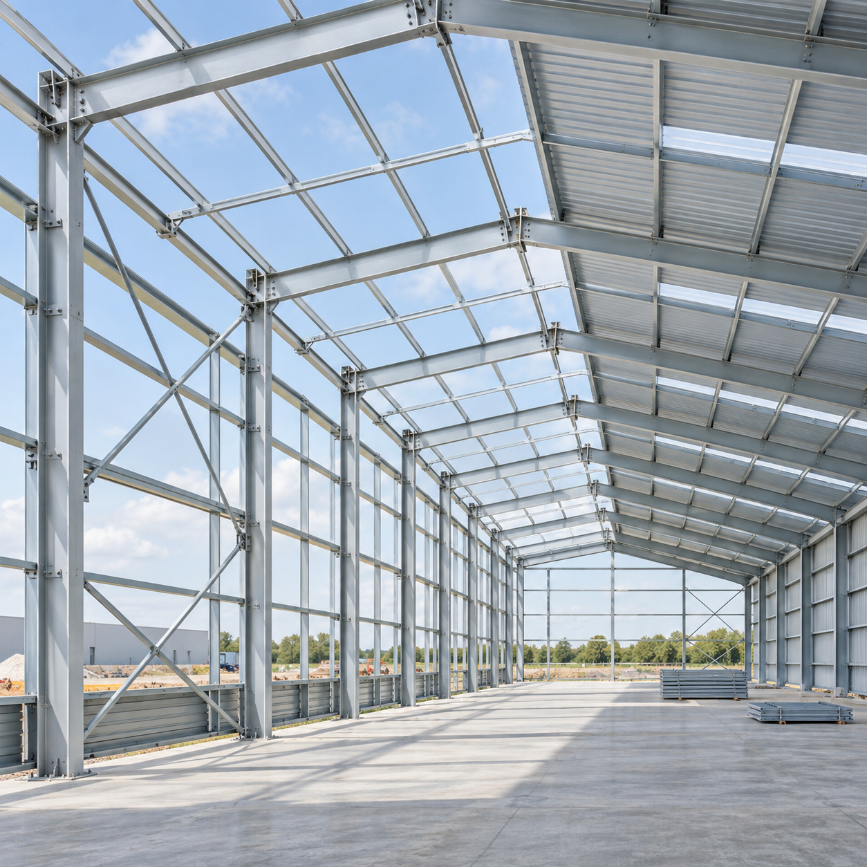 light-steel-structure-warehouse-frame Estructura de almacén ligera de acero con columnas esbeltas, correas de techo y conexiones atornilladas del marco del pórtico 2