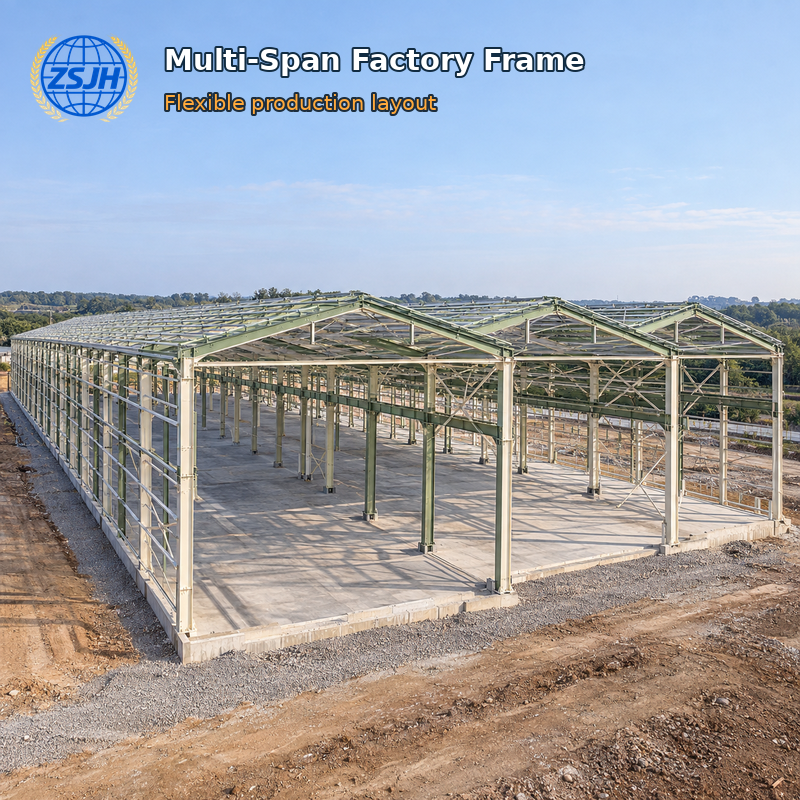 Multi-span prefabricated steel frame for production hall