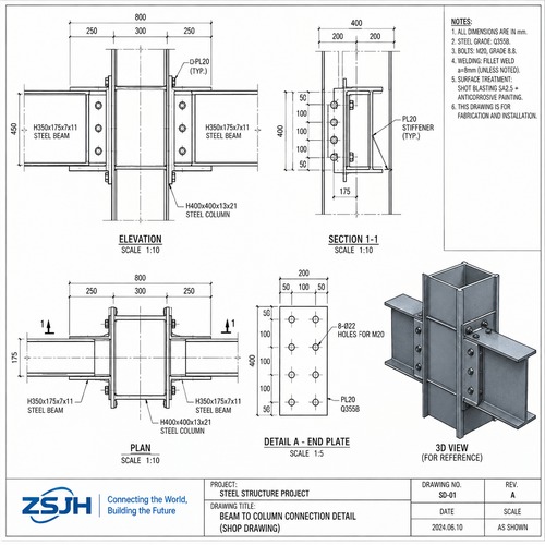 Structural Steel Design Drawing | ZSJH Steel 構造用鋼材設計図・躯体レイアウト