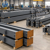 Complete package of prefabricated industrial steel frame members arranged in the workshop